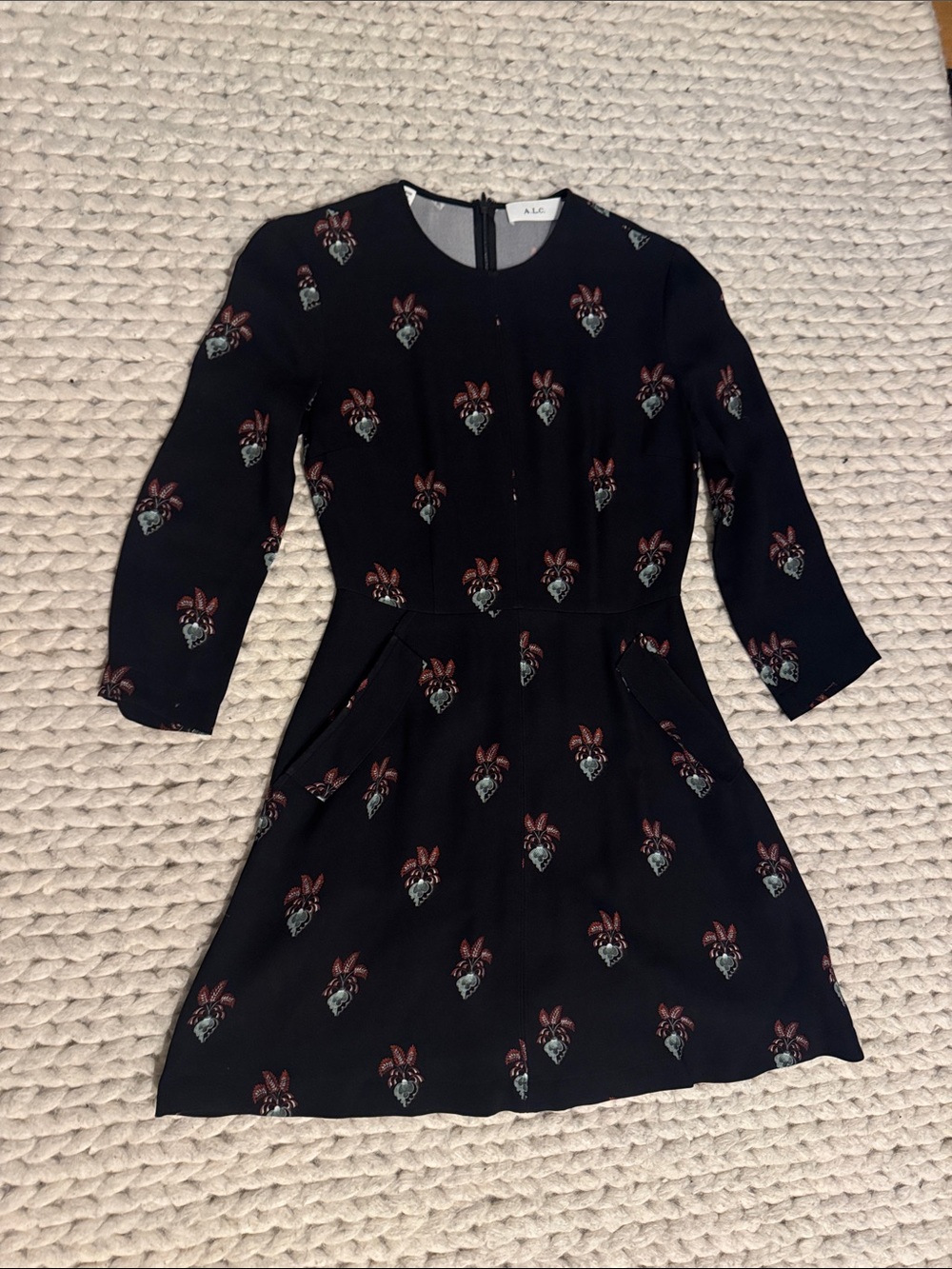A.L.C. Black Long-Sleeve Fit & Flare Dress with Red and Green Motifs
